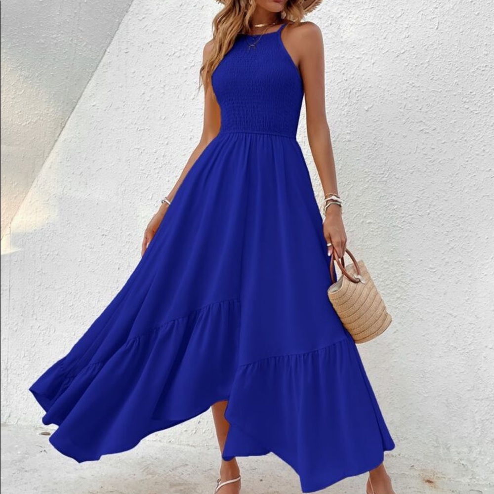 Boho Smocked Bodice Asymmetrical Hem Ruffle Cami Maxi Dress BLUE - Picture 2 of 14
